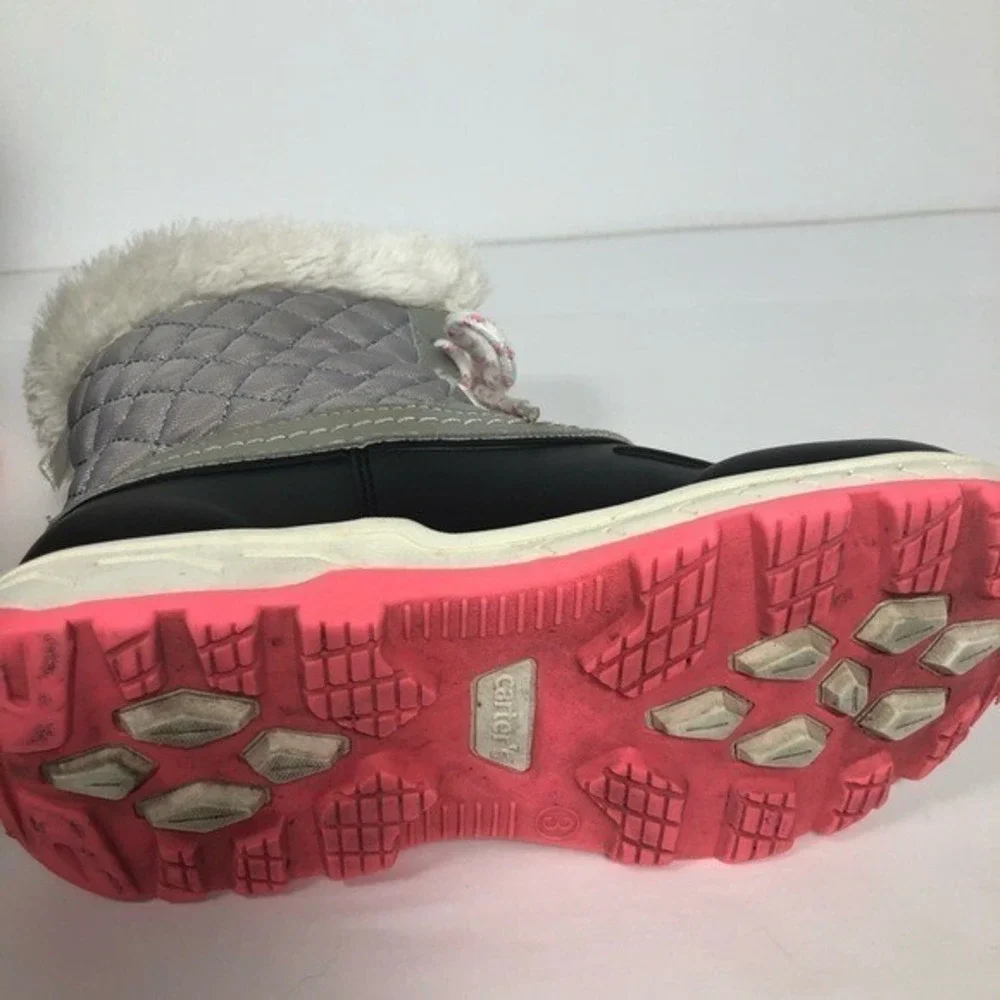 Womens Winter Snow Boots‎ Gray Quilted Faux Fur Trim Lace Up Size 3